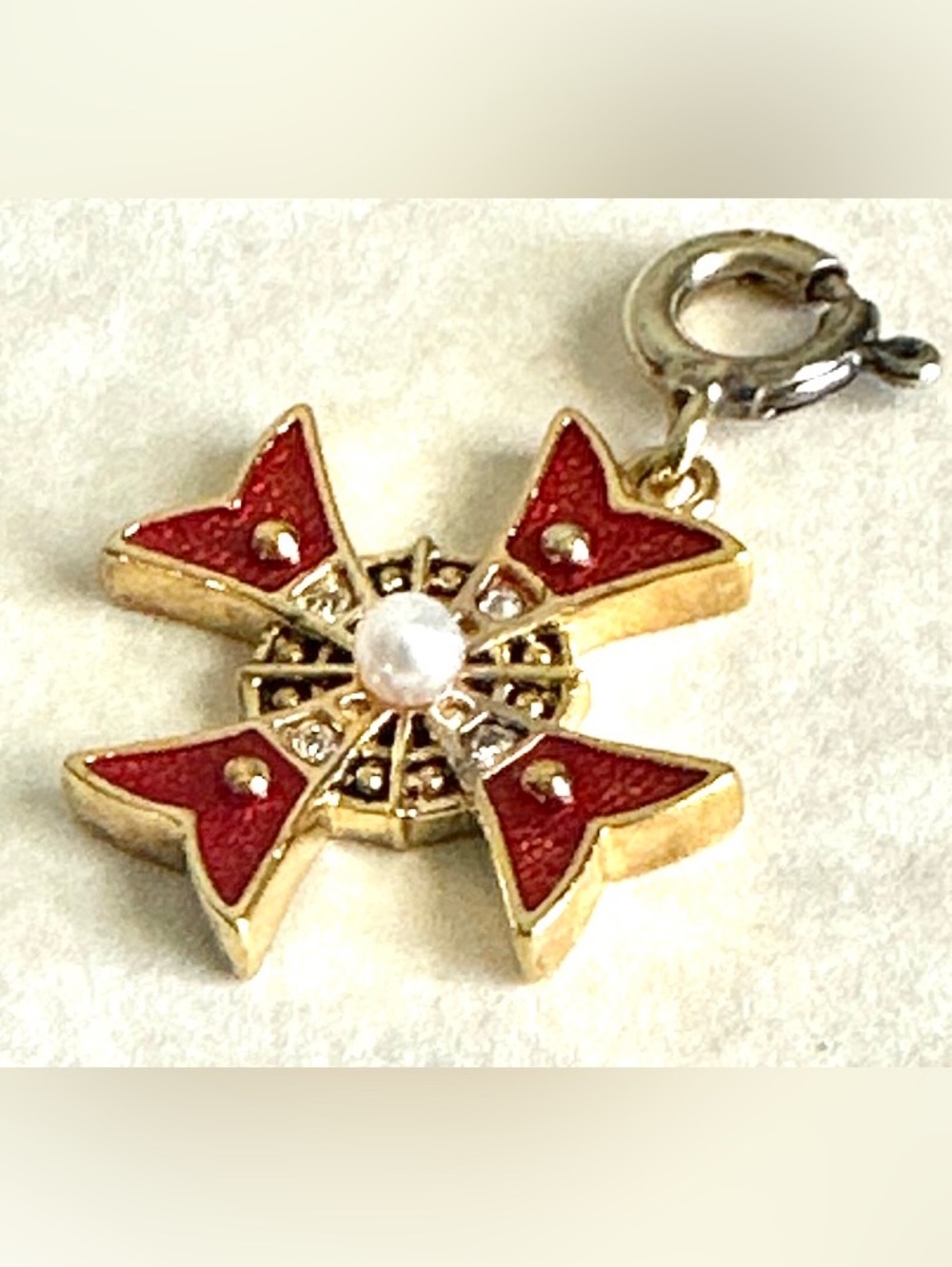 VTG Franklin Mint 925 Vermeil Maltese Cross Charm Pendant Red Enamel Pearl